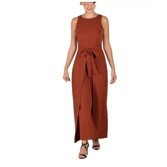Julia Jordan Rust Orange Pinstripe Wide Leg Sleeveless Jumpsuit Belted Sz 10 NWT - Picture 1 of 13